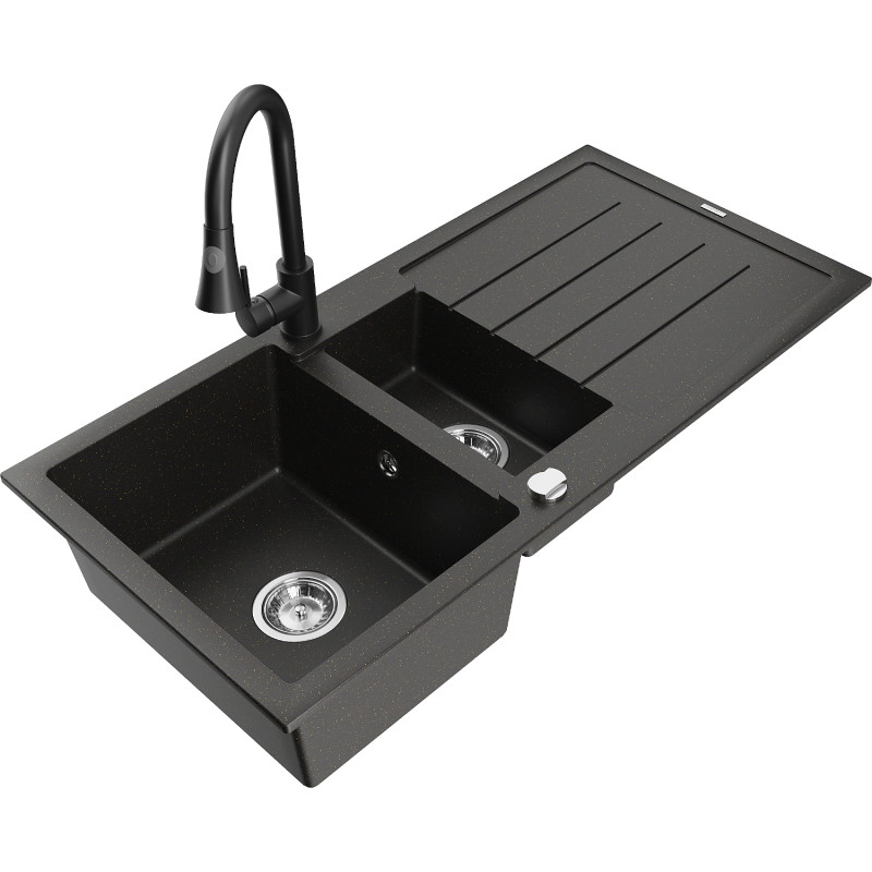 Mexen Andres granite sink 1.5-bowl with drainer and Elia kitchen faucet, black/gold metallic - 6515-75-670101-70