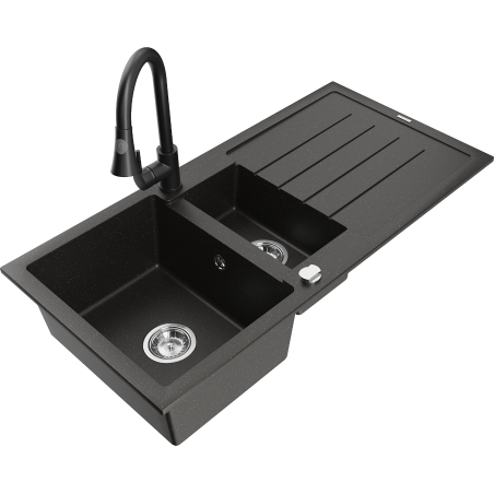 Mexen Andres granite sink 1.5-bowl with drainer and Elia kitchen faucet, black/gold metallic - 6515-75-670101-70