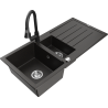 Mexen Andres granite sink 1.5-bowl with drainer and Elia kitchen faucet, black/gold metallic - 6515-75-670101-70