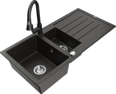 Mexen Andres granite sink 1.5-bowl with drainer and kitchen faucet Elia, black/gold metallic - 6515-75-670101-70