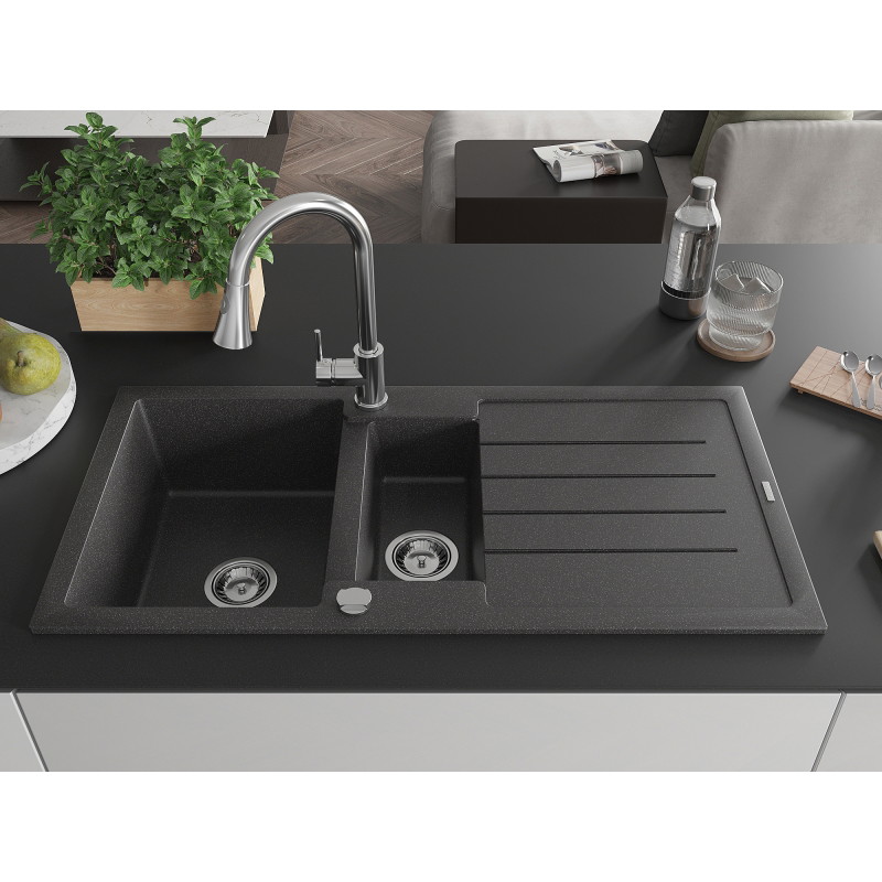 Mexen Andres granite sink 1.5-bowl with drainer and Elia kitchen faucet, speckled black - 6515-76-670101-00