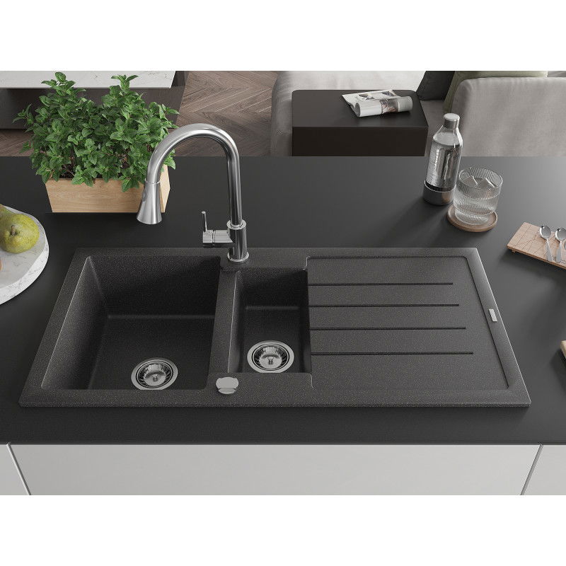 Mexen Andres granite sink 1.5-bowl with drainer and Elia kitchen tap, black speckled - 6515-76-670101-00