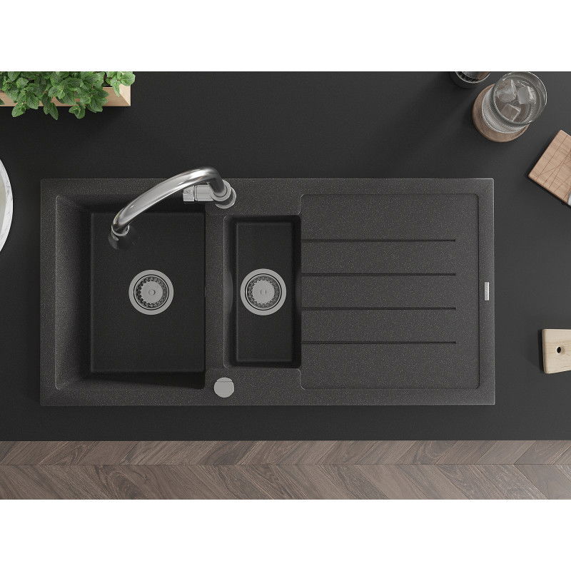 Mexen Andres granite sink 1.5-bowl with drainer and Elia kitchen tap, black speckled - 6515-76-670101-00