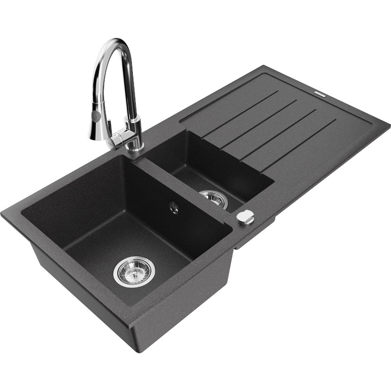 Mexen Andres granite sink 1.5-bowl with drainer and Elia kitchen faucet, speckled black - 6515-76-670101-00