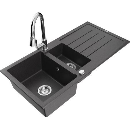 Mexen Andres granite sink 1.5-bowl with drainer and Elia kitchen faucet, speckled black - 6515-76-670101-00