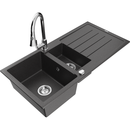 Mexen Andres granite sink 1.5-bowl with drainer and Elia kitchen tap, black speckled - 6515-76-670101-00