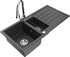Mexen Andres granite sink 1.5-bowl with drainer and Elia kitchen faucet, speckled black - 6515-76-670101-00