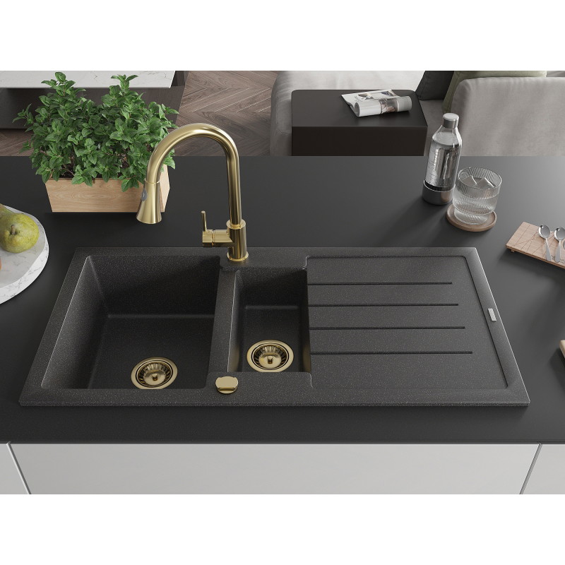 Mexen Andres 1.5-bowl granite sink with drainer and Elia kitchen faucet, black speckled - 6515-76-670101-50