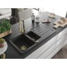 Mexen Andres 1.5-bowl granite sink with drainer and Elia kitchen faucet, black speckled - 6515-76-670101-50