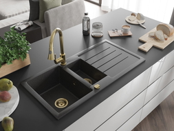 Mexen Andres 1.5-bowl granite sink with drainer and Elia kitchen faucet, black speckled - 6515-76-670101-50
