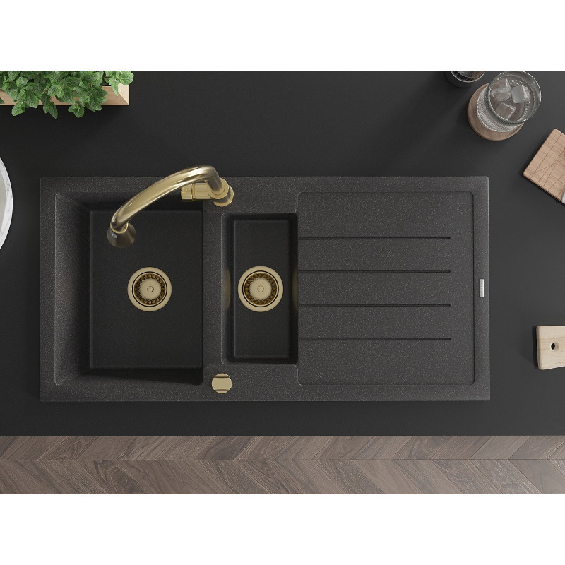 Mexen Andres 1.5-bowl granite sink with drainer and Elia kitchen faucet, black speckled - 6515-76-670101-50
