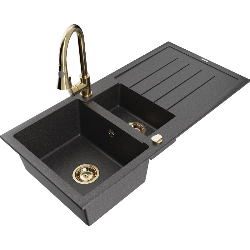 Mexen Andres 1.5-bowl granite sink with drainer and Elia kitchen faucet, black speckled - 6515-76-670101-50