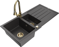 Mexen Andres 1.5-bowl granite sink with drainer and Elia kitchen faucet, black speckled - 6515-76-670101-50