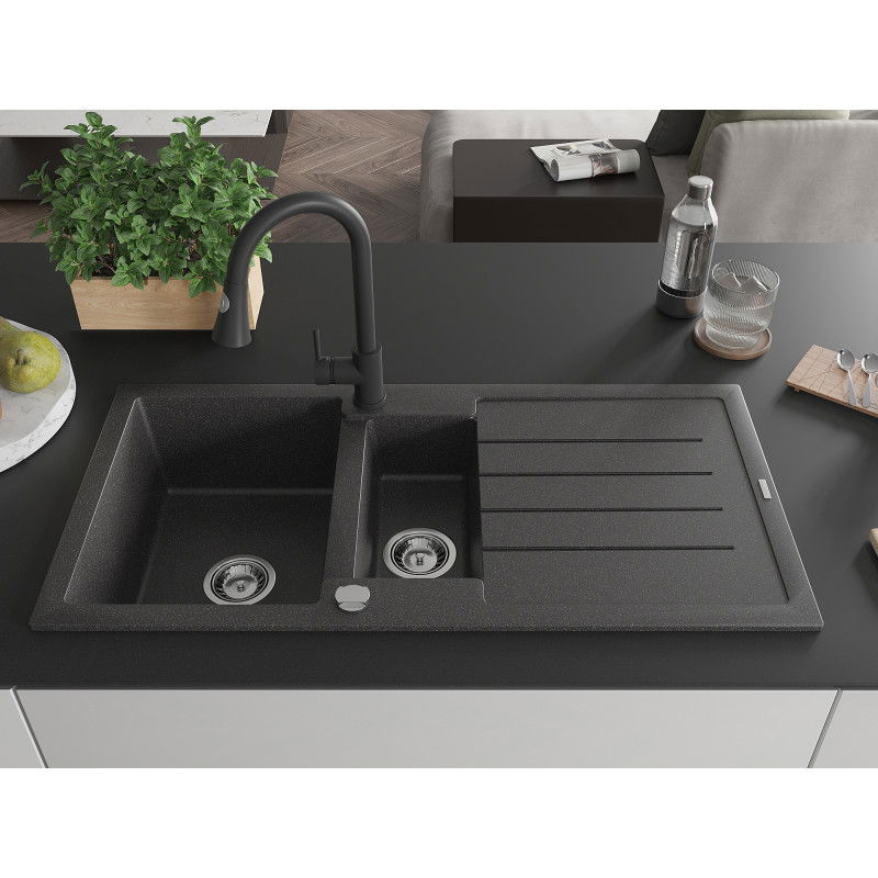 Mexen Andres granite sink 1.5-bowl with drainer and Elia kitchen tap, speckled black - 6515-76-670101-70