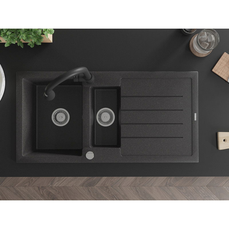Mexen Andres granite sink 1.5-bowl with drainer and Elia kitchen tap, speckled black - 6515-76-670101-70