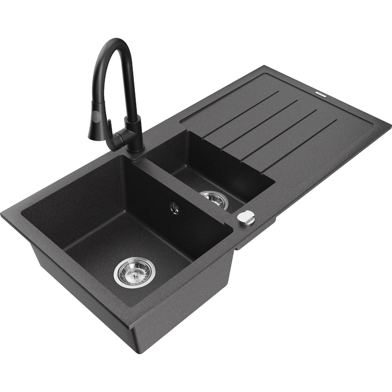 Mexen Andres granite sink 1.5-bowl with drainer and Elia kitchen tap, speckled black - 6515-76-670101-70