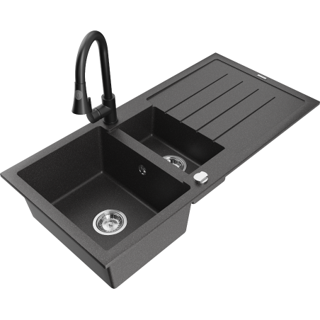 Mexen Andres granite sink 1.5-bowl with drainer and Elia kitchen faucet, black speckled - 6515-76-670101-70