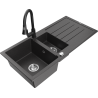 Mexen Andres granite sink 1.5-bowl with drainer and kitchen faucet Elia, black speckled - 6515-76-670101-70