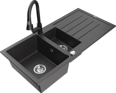 Mexen Andres granite sink 1.5-bowl with drainer and Elia kitchen faucet, black speckled - 6515-76-670101-70