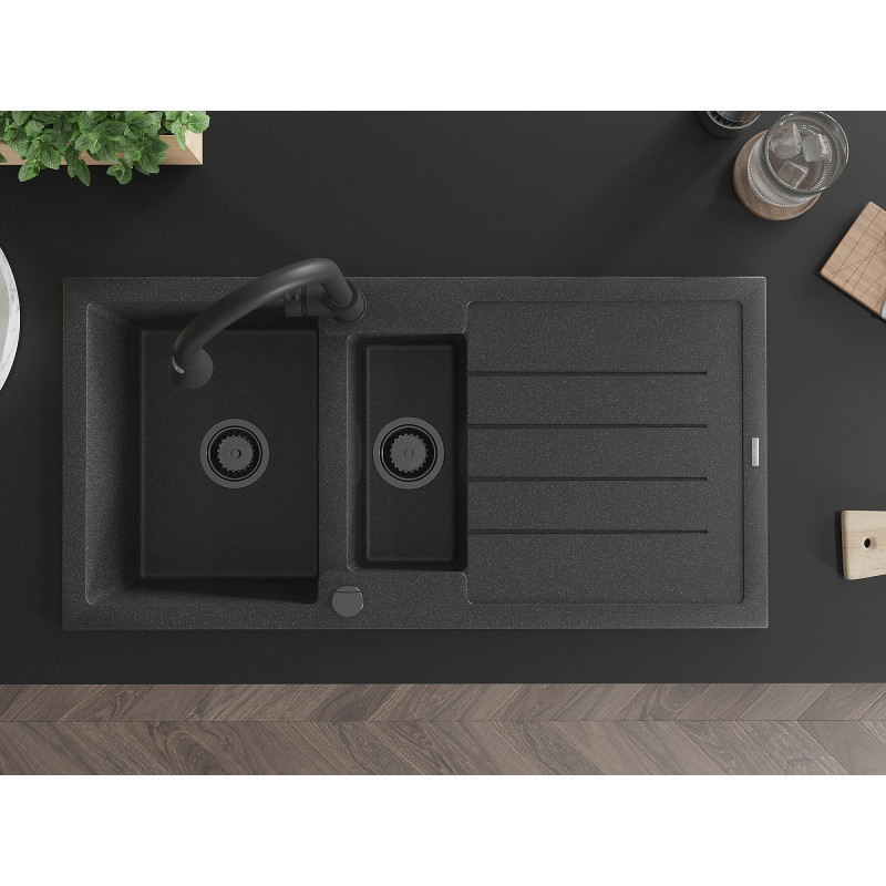 Mexen Andres granite sink 1.5-bowl with drainer and Elia kitchen faucet, black speckled - 6515-76-670101-70-B
