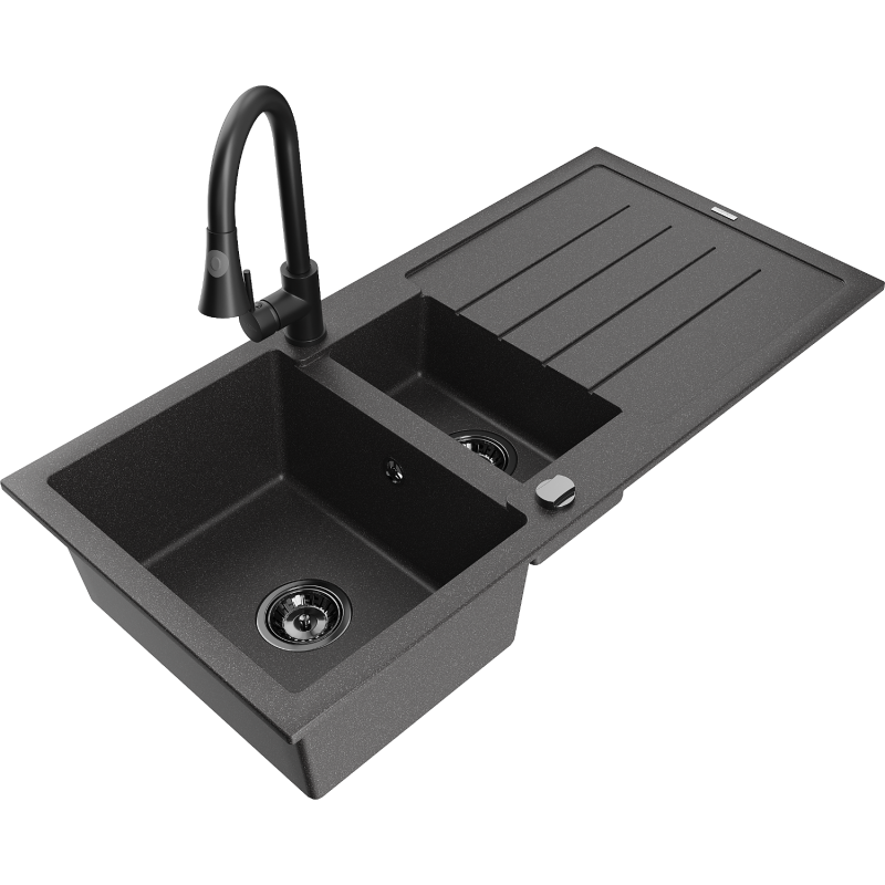 Mexen Andres 1.5-bowl Granite Sink with Drainer and Elia Kitchen Faucet, Speckled Black - 6515-76-670101-70-B