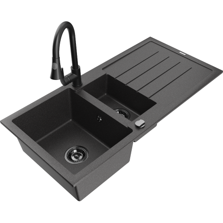 Mexen Andres granite sink 1.5-bowl with drainer and kitchen faucet Elia, black speckled - 6515-76-670101-70-B