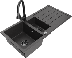 Mexen Andres granite sink 1.5-bowl with drainer and kitchen faucet Elia, black speckled - 6515-76-670101-70-B