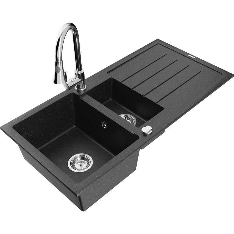 Mexen Andres 1.5-compartment granite sink with a drip tray and kitchen mixer tap Elia, Black/Silver metallic - 6515-73-670101-00