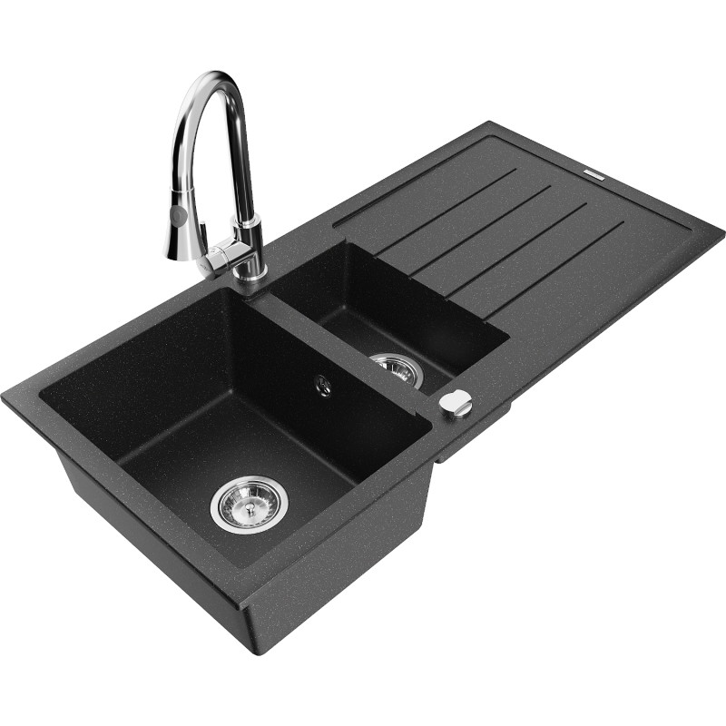 Mexen Andres granite sink 1.5-bowl with drainer and Elia kitchen faucet, black/silver metallic - 6515-73-670101-00