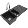 Mexen Andres granite sink 1.5-bowl with drainer and Elia kitchen faucet, black/silver metallic - 6515-73-670101-00