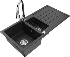 Mexen Andres granite sink 1.5-bowl with drainer and Elia kitchen faucet, black/silver metallic - 6515-73-670101-00