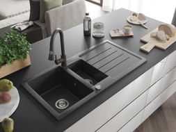 Mexen Andres 1.5-bowl granite kitchen sink with drainer and Elia faucet, speckled black - 6515-76-670101-76