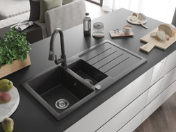 Mexen Andres granite sink 1.5-bowl with drainer and Elia kitchen faucet, black speckled - 6515-76-670101-76