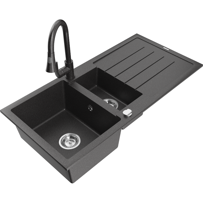 Mexen Andres 1.5-compartment granite sink with a drip tray and kitchen mixer tap Elia, spotted black - 6515-76-670101-76