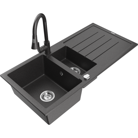 Mexen Andres 1.5-bowl granite sink with drainer and Elia kitchen tap, black speckled - 6515-76-670101-76