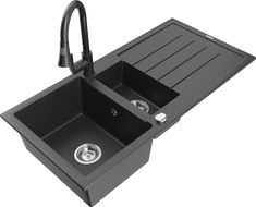 Mexen Andres granite sink 1.5-bowl with drainer and Elia kitchen faucet, black speckled - 6515-76-670101-76