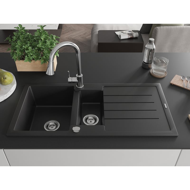 Mexen Andres granite sink 1.5-bowl with drainer and kitchen faucet Elia, black - 6515-77-670101-00