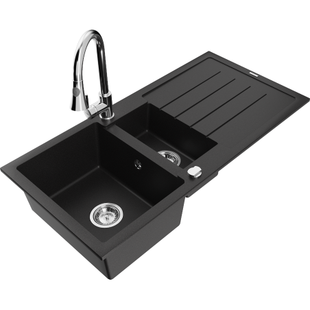 Mexen Andres granite sink 1.5-bowl with drainer and kitchen faucet Elia, black - 6515-77-670101-00