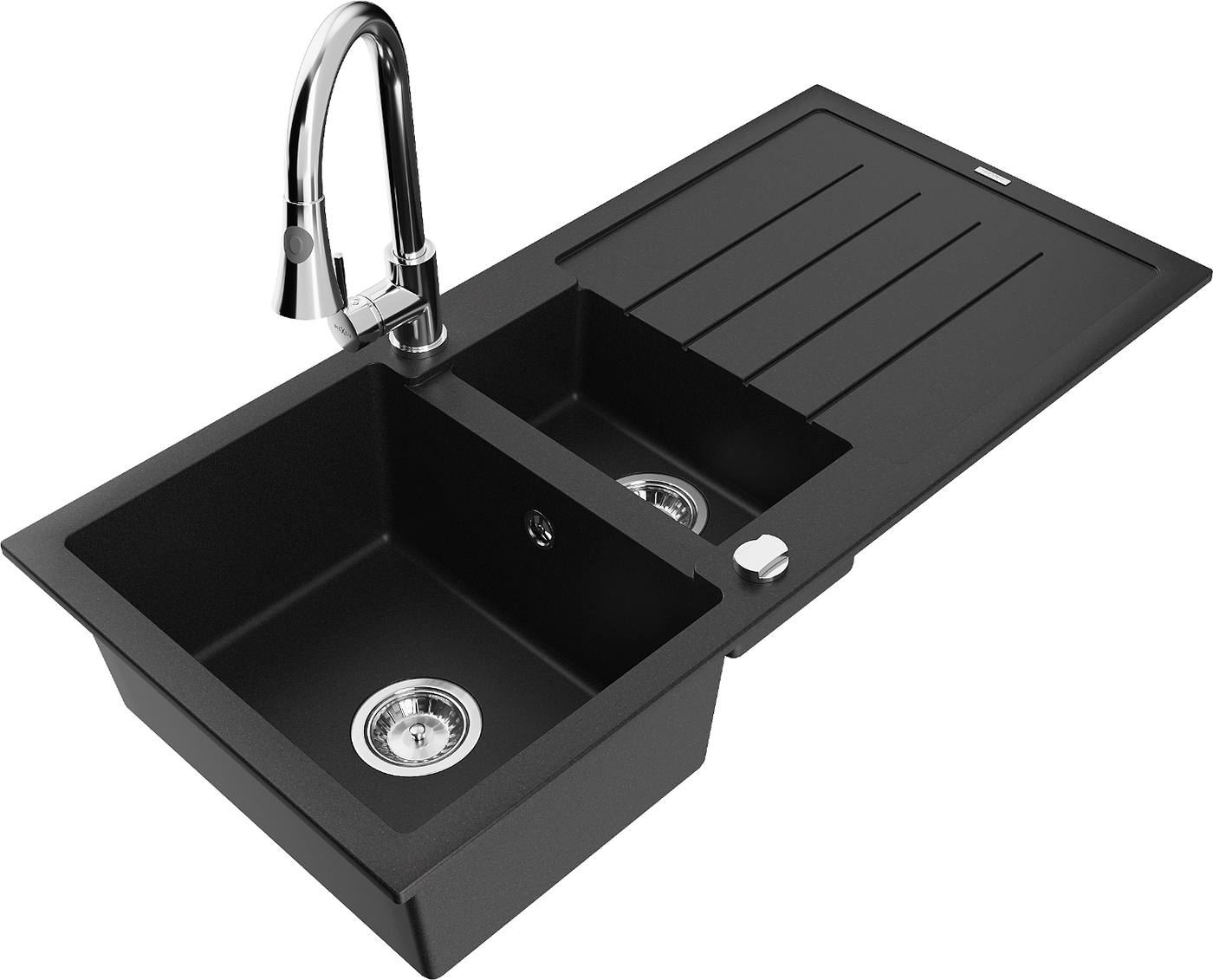 Mexen Andres 1.5-compartment granite sink with a drip tray and kitchen mixer tap Elia, Black - 6515-77-670101-00