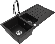 Mexen Andres granite sink 1.5-bowl with drainer and kitchen faucet Elia, black - 6515-77-670101-00
