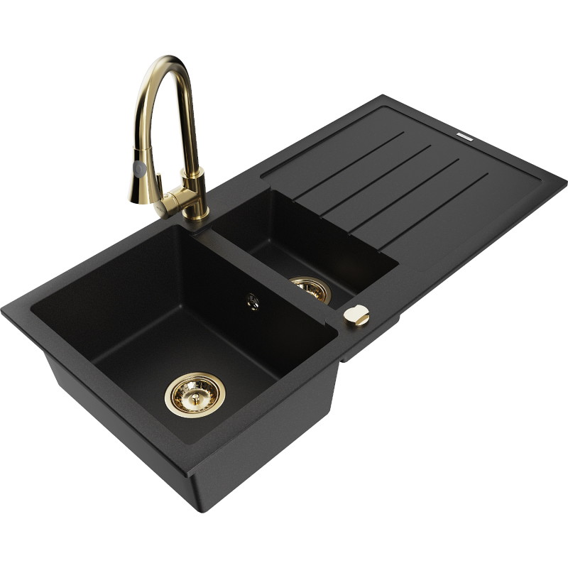 Mexen Andres granite sink 1.5-bowl with drainer and Elia kitchen faucet, black - 6515-77-670101-50