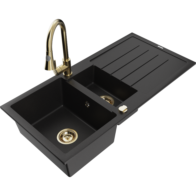 Mexen Andres granite sink 1.5-bowl with drainer and Elia kitchen tap, black - 6515-77-670101-50
