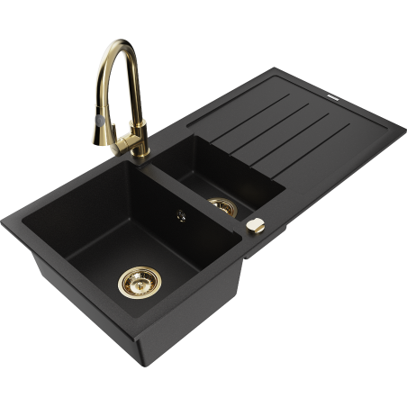 Mexen Andres granite sink 1.5-bowl with drainer and Elia kitchen tap, black - 6515-77-670101-50