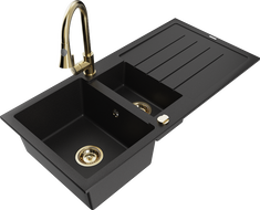 Mexen Andres 1.5-compartment granite sink with a drip tray and kitchen mixer tap Elia, Black - 6515-77-670101-50