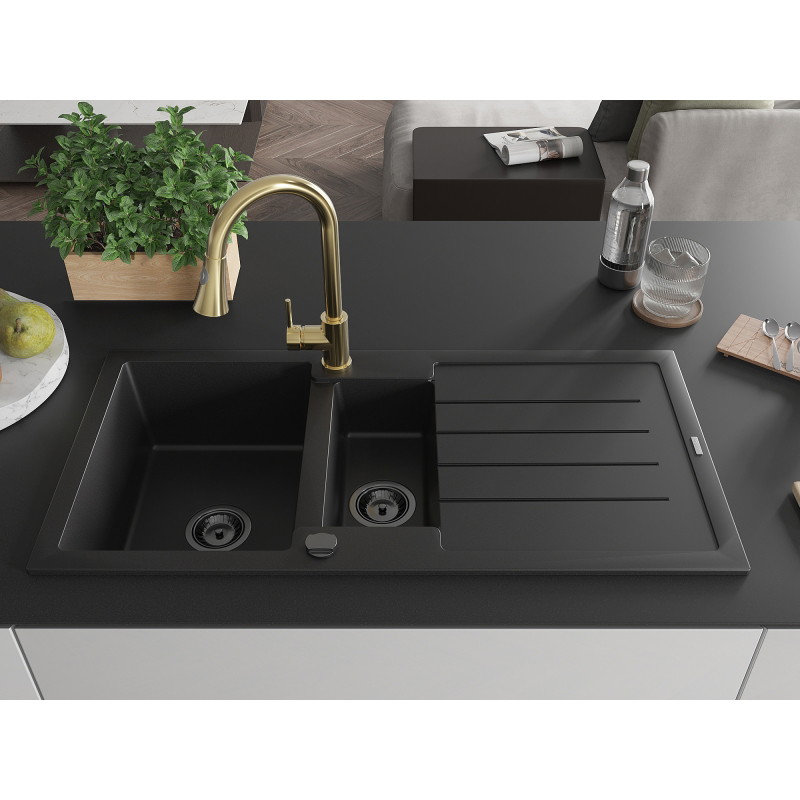 Mexen Andres 1.5-bowl granite sink with drainer and Elia kitchen faucet, black - 6515-77-670101-50-B