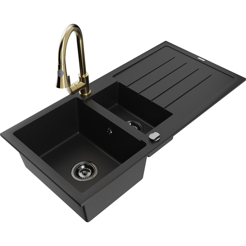 Mexen Andres 1.5-bowl granite sink with drainer and Elia kitchen faucet, black - 6515-77-670101-50-B