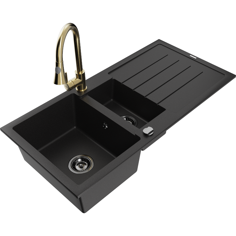 Mexen Andres 1.5-compartment granite sink with a drip tray and kitchen mixer tap Elia, Black - 6515-77-670101-50-B