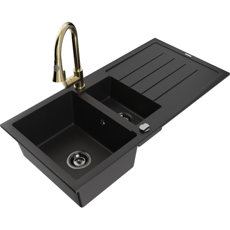 Mexen Andres 1.5-bowl granite sink with drainer and Elia kitchen faucet, black - 6515-77-670101-50-B