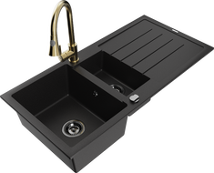 Mexen Andres 1.5-bowl granite sink with drainer and Elia kitchen faucet, black - 6515-77-670101-50-B
