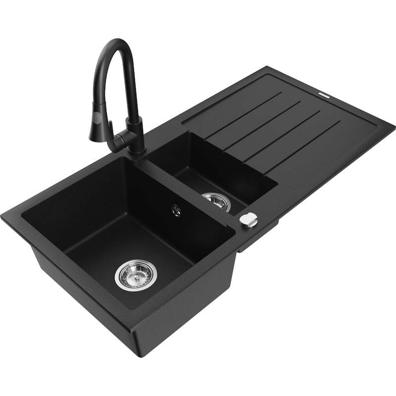 Mexen Andres 1.5-compartment granite sink with a drip tray and kitchen mixer tap Elia, Black - 6515-77-670101-70